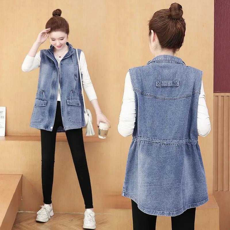 Veste Gilet en Denim Décontracté Coupe Ample pour Femmes Couleur Unie Tempérament, Vêtement d'Extérieur Mi-Long Style Rétro