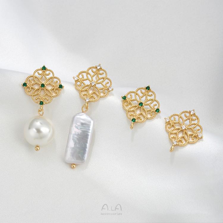 

Zircon-Inlaid Four-Leaf Clover Flower Earrings with 925 Sterling Silver Needle and Gold-Tone Wrap