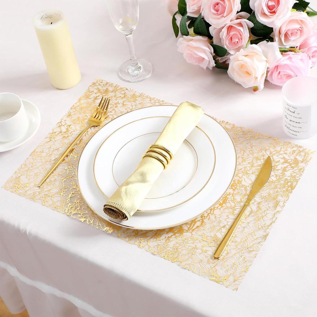 12 Pcs Gold Disposable Placemats Bulk 12 x 18 Inch Gold Doilies Metallic Glitter Rectangle Foil Placemats Table Decoration Dining Place mats for