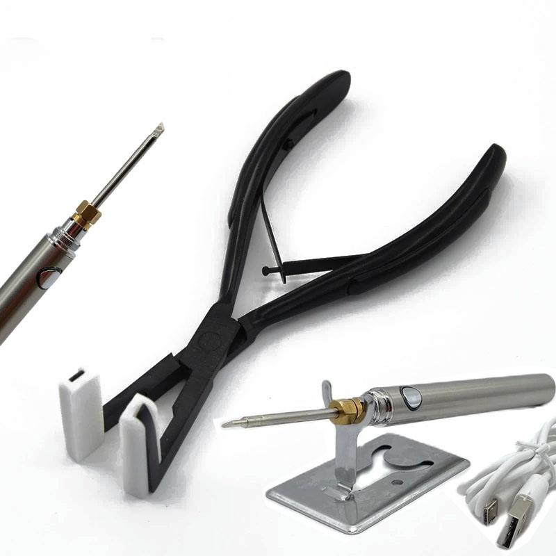 7palcové černé kleště z nerezové oceli na prodlužování vlasů s páskou, kleště na těsnění pásky a žehlička na odstranění pásky z prodlužování vlasů.