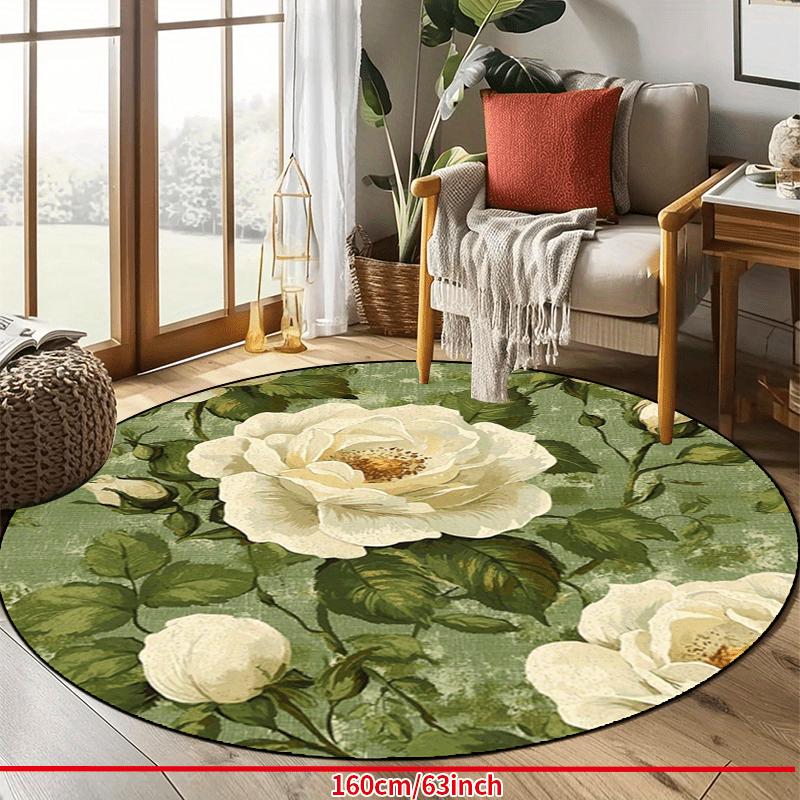 White Roses Green Leaves Pattern Round Shape Floor Mats Kitchen Hallway Runner Rug Bedroom Living Room Soft Carpet Non-slip Area Rug