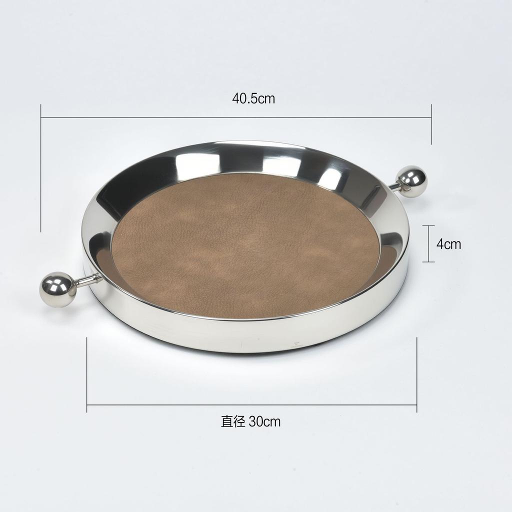 Stainless Steel Metal Mirror Leather Tray Circular Silver Handle Plate Desktop Storage Container Jewelry Tray Fruit Plate