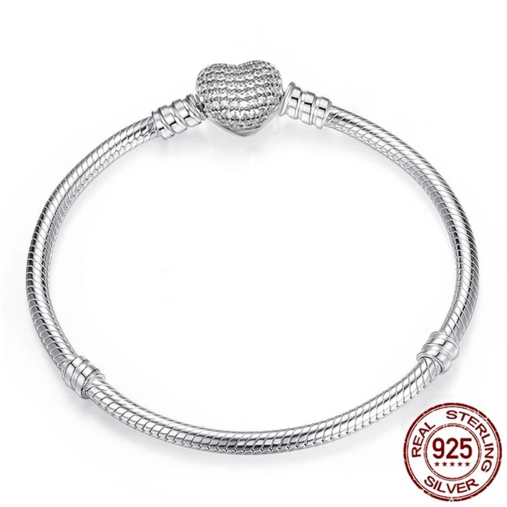 Handmade 925 Silver Pan Bracelets for Women Heart Snake Chain Bangle DIY Jewelry Fit Beads Big Sale
