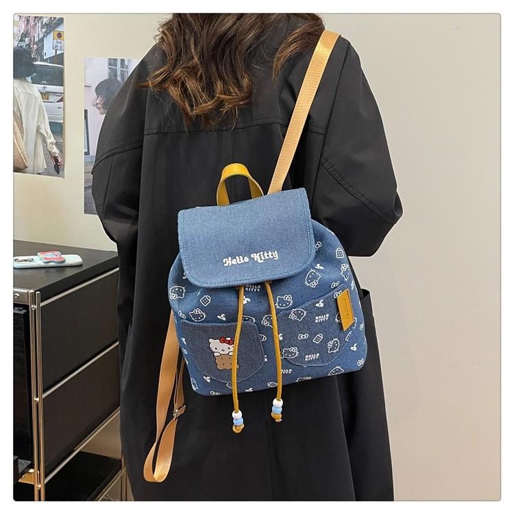 Hello Kitty Kids Backpack With Denim Fabric And Cartoon Design For Daily Use