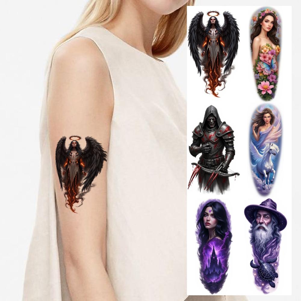 9pcs Temporary Tattoo Waterproof Long-lasting Body Stickers Dark Angel Wisdom Wizard Pegasus For Shoulders Thighs Male