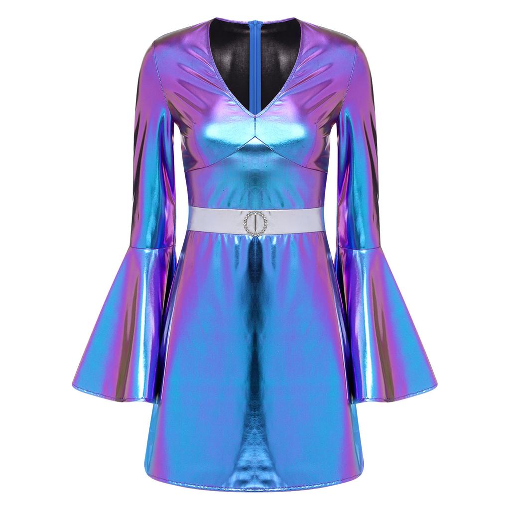 Womens 70s Disco Costume V Neck Flared Sleeve Crystal Decor Metallic Shiny Bodycon Dress