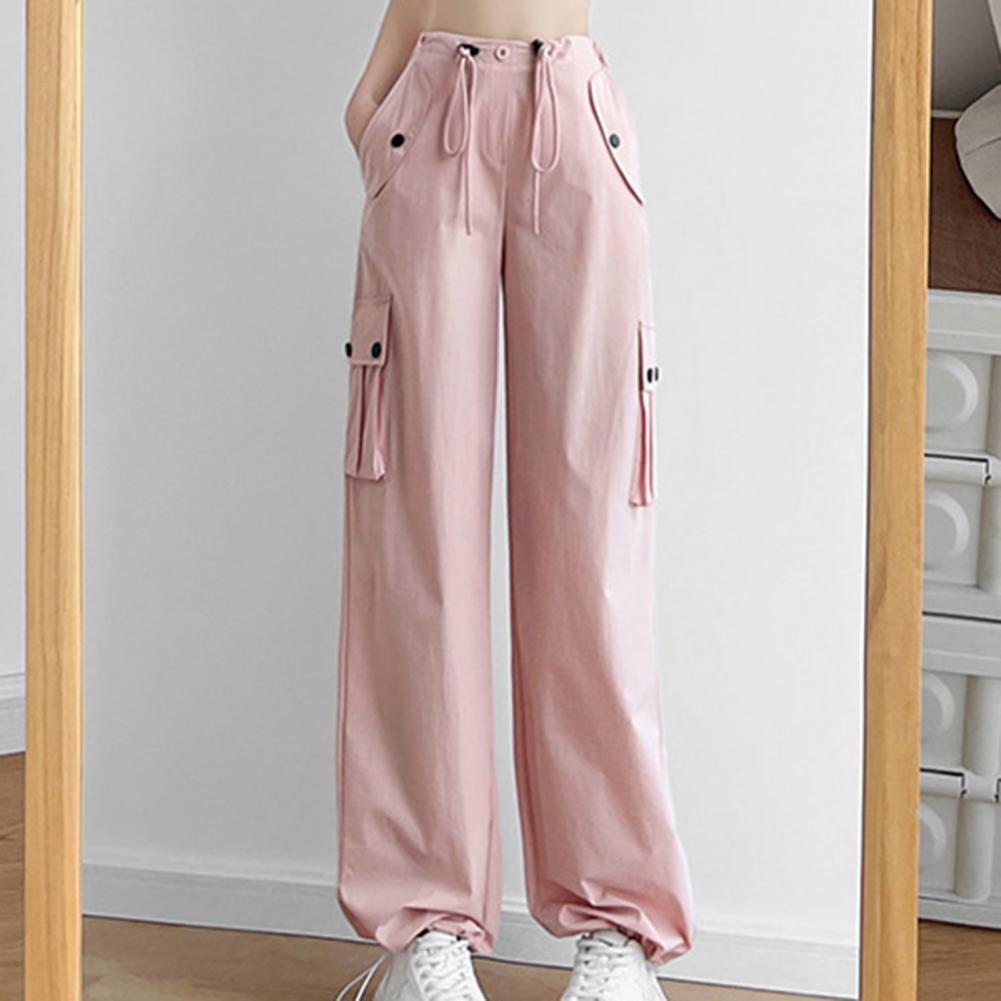 Men Cargo Pants Elastic High Waist Casual Trousers with Multi Pockets Design Straight Wide Leg Sport Pants Streetwear