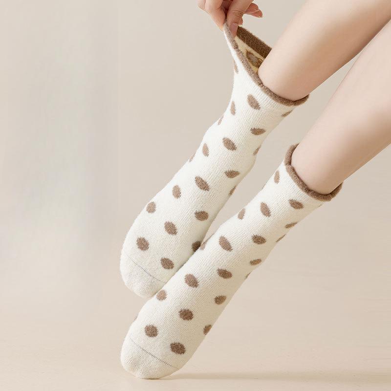 Polka Dot Socks for Women's Autumn and Winter Mid-calf Socks, Fleece Thickened Warm Long Socks, Fleece Sleeping Floor Socks