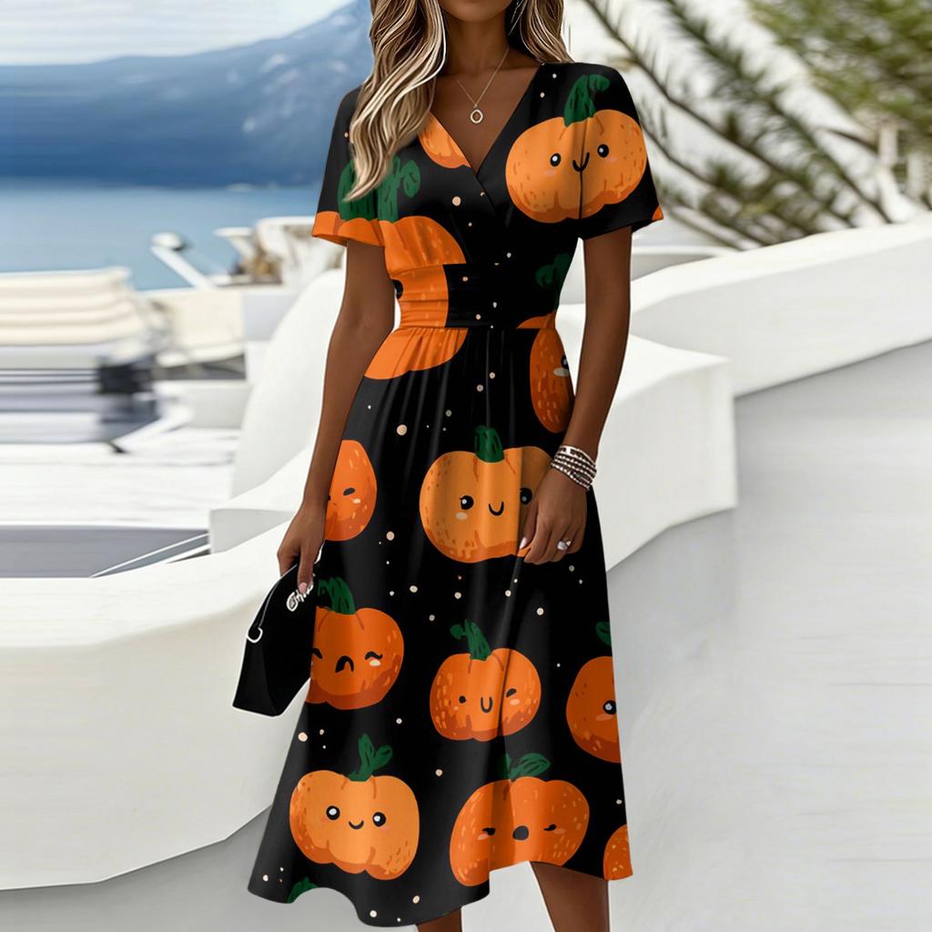 Women Halloween Pumpkin Print Maxi Dress Short Sleeve V Neck Elastic High Waist A Line Chiffon Midi Dress