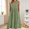 Rochie casual de vară din in pentru femei, fără mâneci, cu decolteu în V, rochie de soare lejeră, croială A, tip maiou, midi, cu buzunar