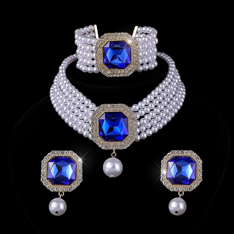 Square Crystal Diamond Earrings Necklace Set Choker Multilayer Bridal Anti-Pearl Necklace Earrings Women