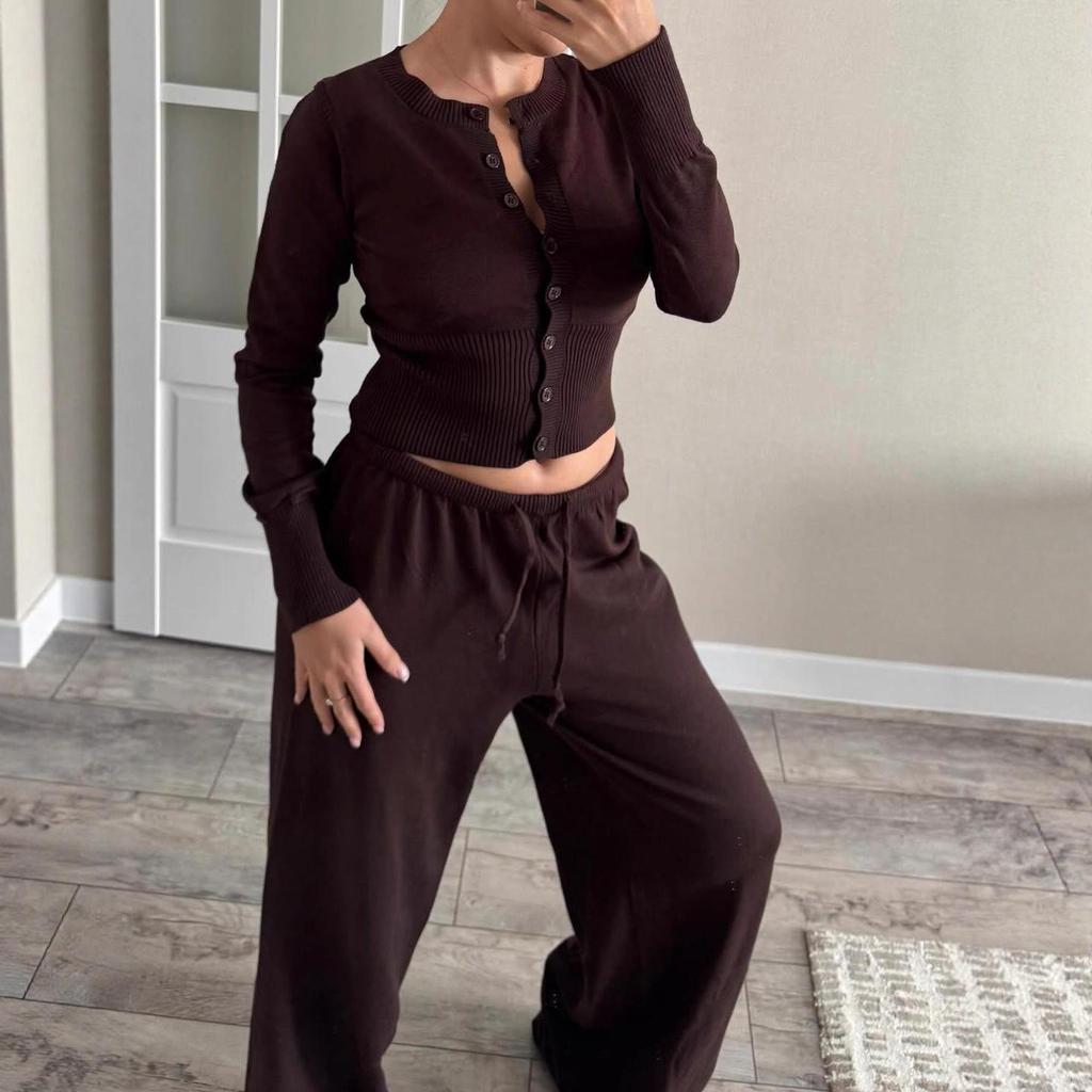 Women's Summer Fashion Knit Cardigan and Pants Set – Button Front, Long Sleeve, Round Neck