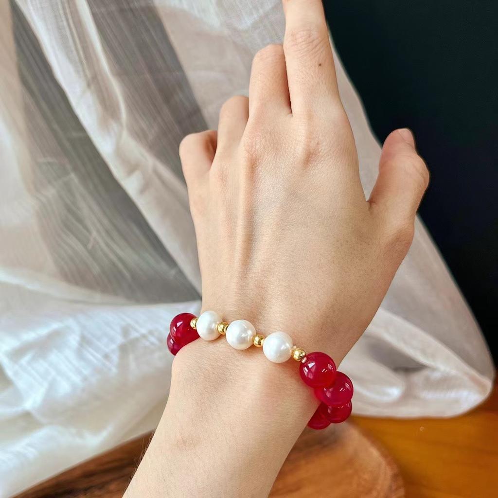 Retro Natural Pigeon Blood Red Chalcedony Agate Freshwater Pearl Bracelet Bracelet Basic Commuter Model