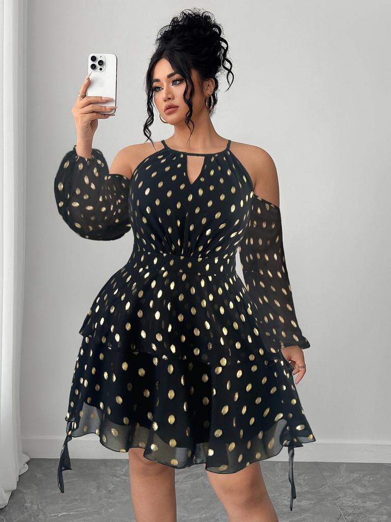 European & American Plus Size Off-the-Shoulder Ruffle Dress with Sweetheart Neckline and Lantern Sleeves