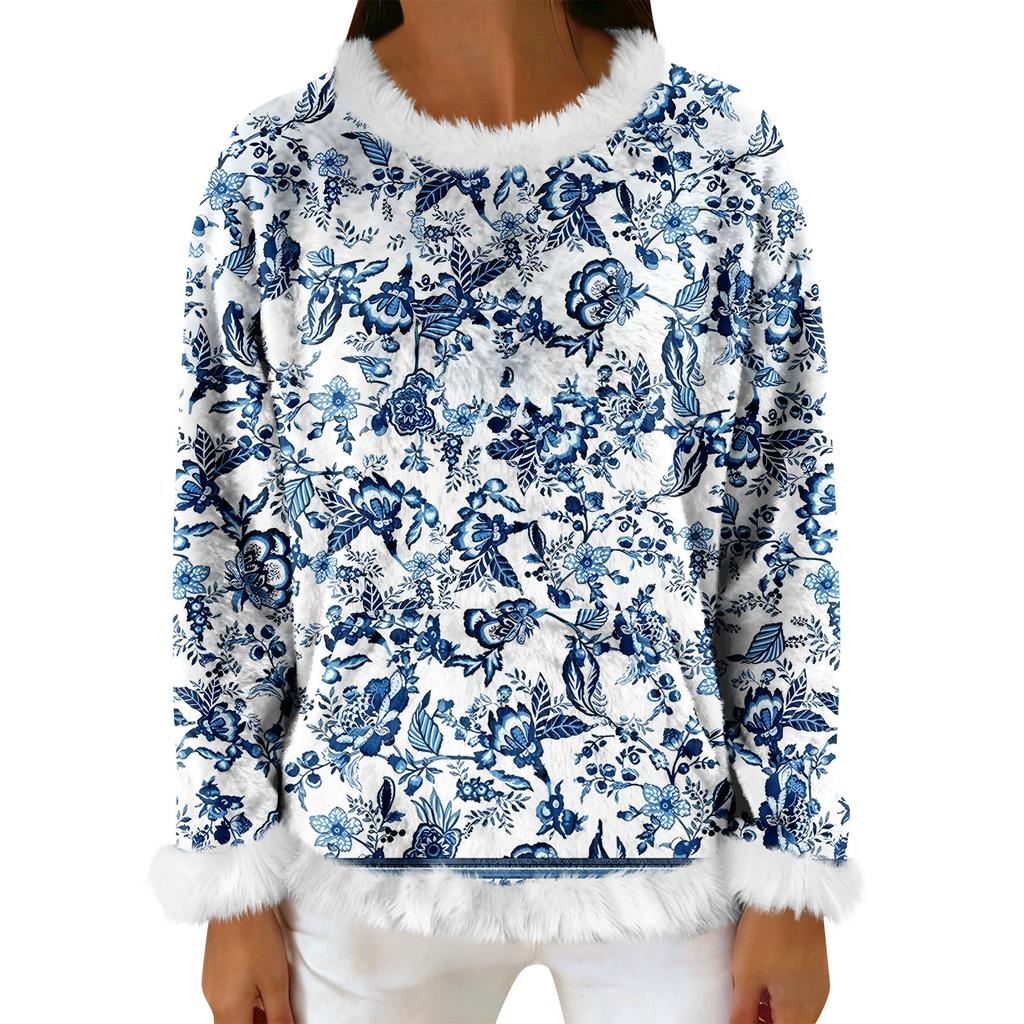 Women's Casual Fleece Sweatshirt  Long-Sleeve Round  Neck Casual Comfortable Loose-Fit Lightweight Women's Flannel Sweatshirt