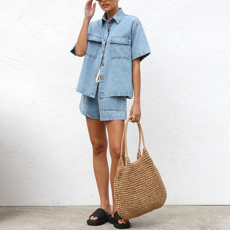 Cross-Border 2025 Summer European and American Foreign Trade Women Clothes Casual Loose Pocket Short Sleeve Shirt Shorts Denim Two-piece Suit