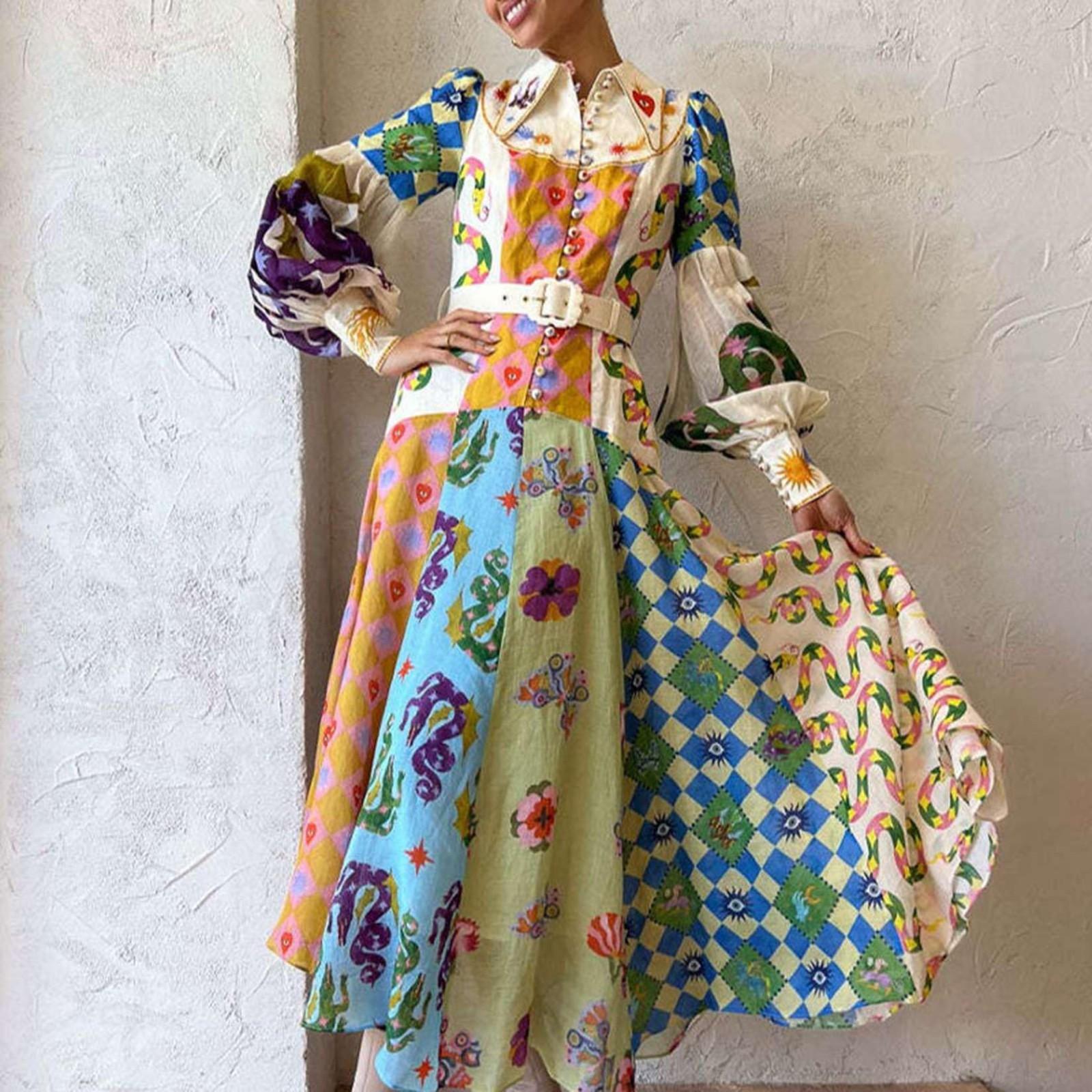 

Women s Spring And Casual Fashion V-neck Long Sleeve Printed Button Long Dresses M хакі