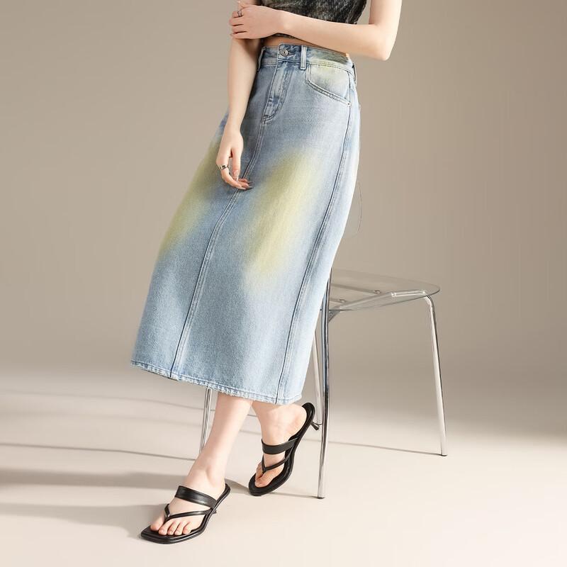 RAIN.CUN Women's High-Waist A-Line Split Denim Midi Skirt