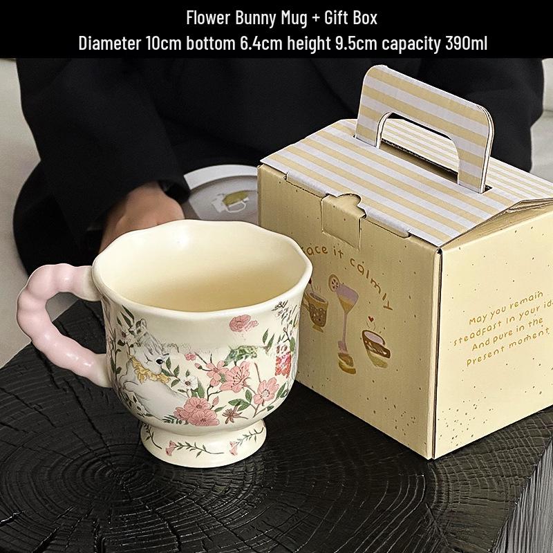 Large Ceramic Mug with Cute Rabbit and Flowers Design, Lid, and Spoon
