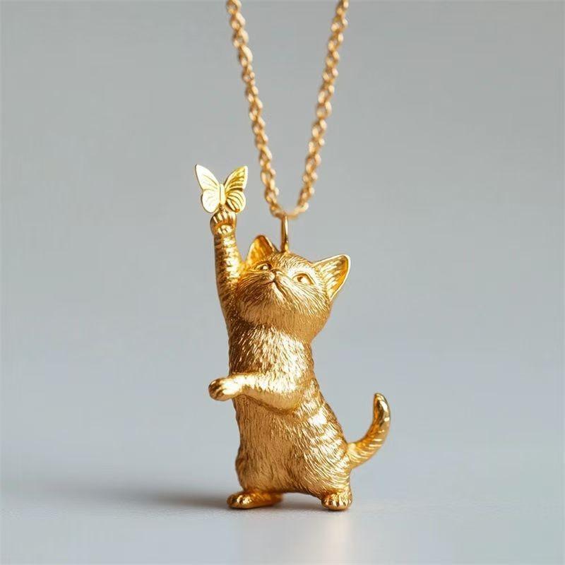 Cat Cartoon Butterfly Pendant Necklace Alloy Chain Women Gift Jewelry Fashion