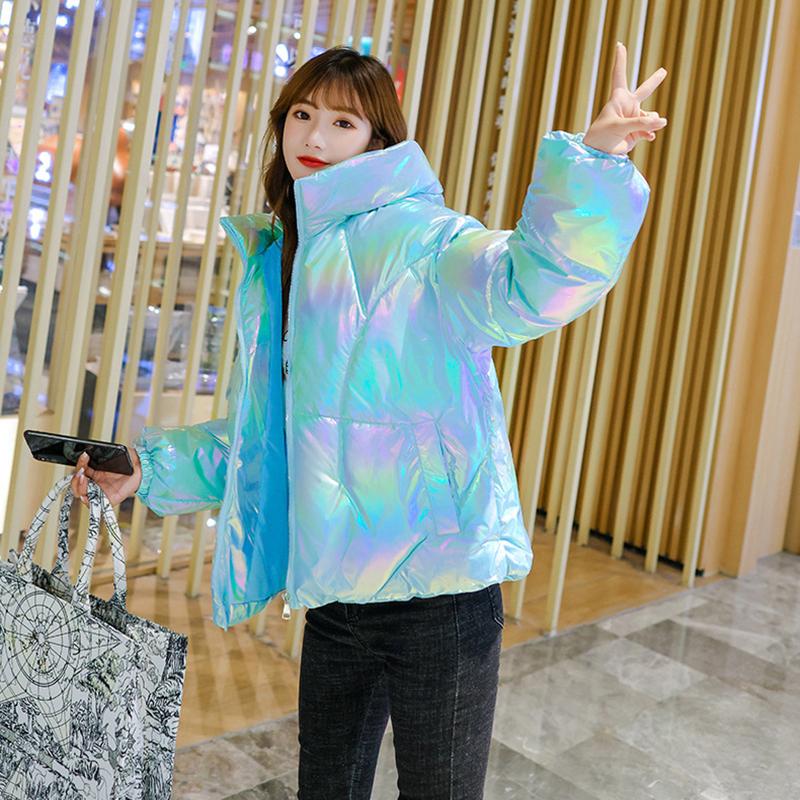 Parkas de Moda para Mujer Chaqueta de Invierno Brillante Acolchada de Algodón y Plumón Abrigo Exterior con Capucha Sólido Chaqueta Femenina Ropa de Nieve