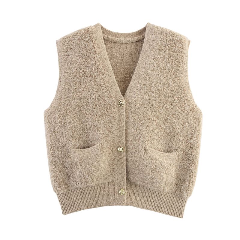 Kaslead New Women clothes Western Style Towel Knitted Classic Style V-neck Pocket Cardigan sweater Vest Vest