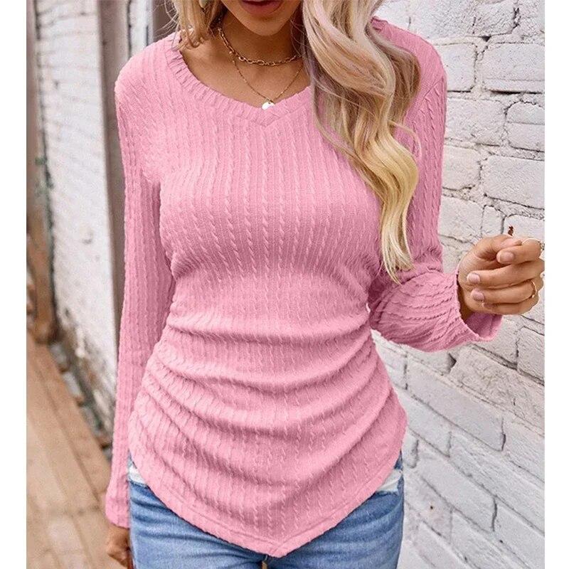 

Однотонные вязаные топы нерегулярной формы с v-образным вырезом, осенне-зимние футболки для женщин, облегающие футболки с длинными рукавами, одежда 30149 XXL розовый