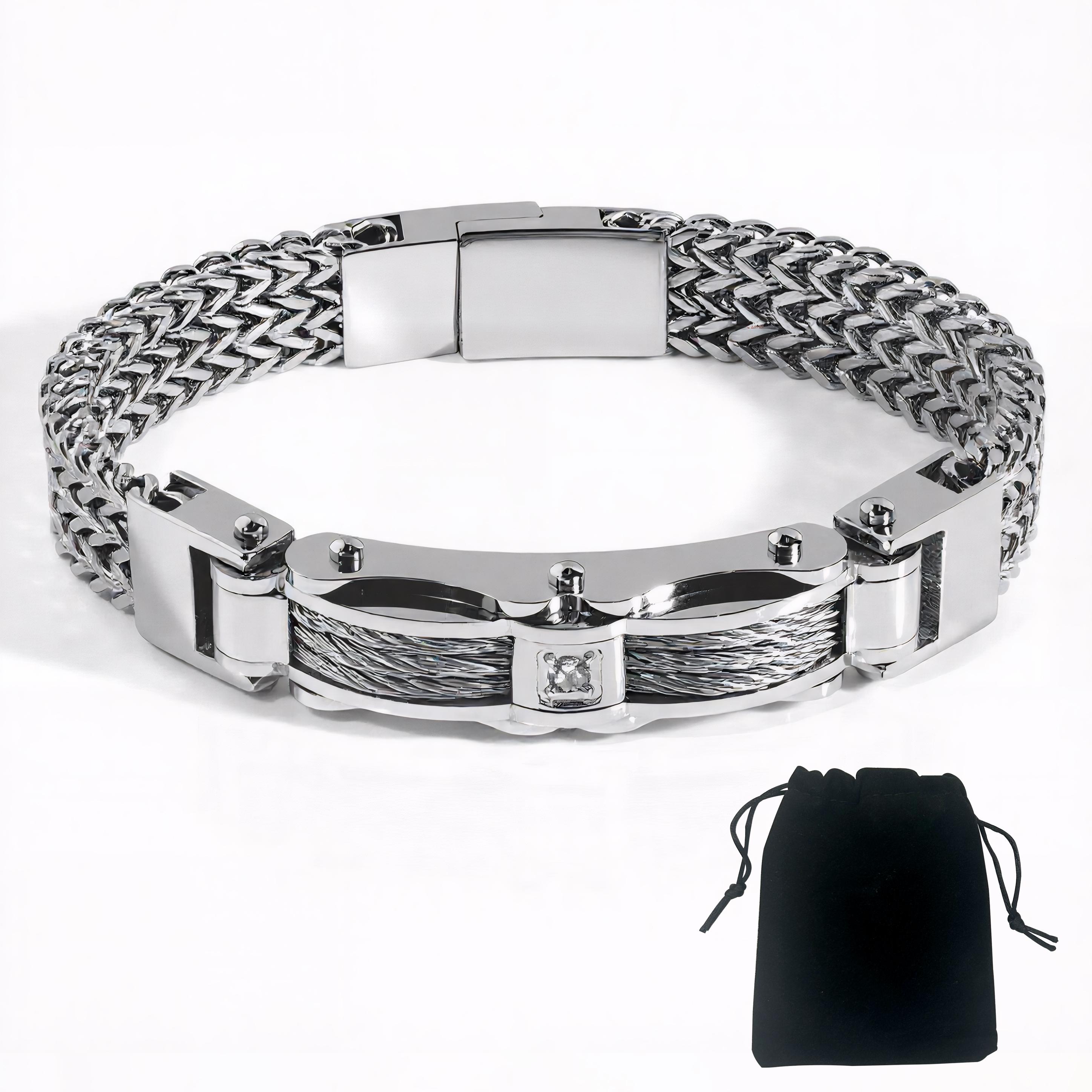 

Punk Stainless Steel Bracelet 21 Cm Franco Link Chain Inlaid with Large-Grained Zircon Magnet Clasp 9.05inch(23cm)