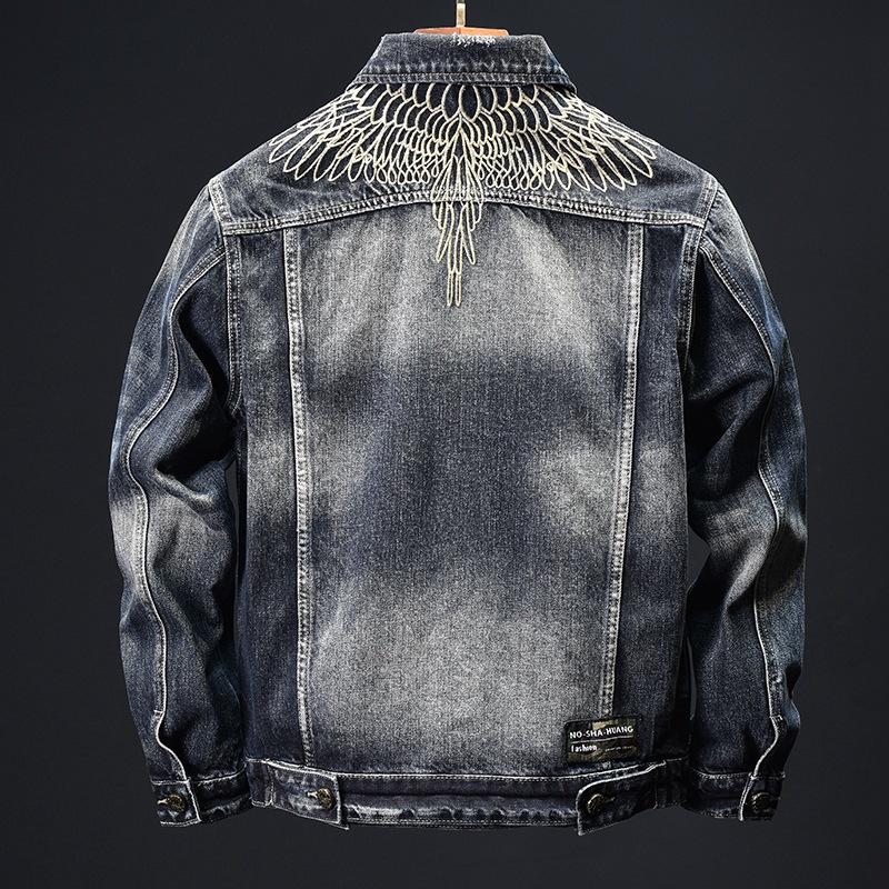 Autumn and Winter Classic Heavy Industry Embroidery Denim Top Retro Retro Trend Motorcycle Wear Multi Pocket Denim Coat for Men