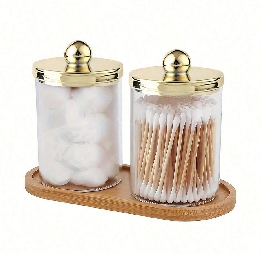 

2pcs Acrylic Qtip Holder with 1pcs Vanity Tray, Apothecary Jars Bathroom Accessories Storage Box Bathroom Canisters Organizer