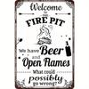 Brand Name Fire Pit Welcome Sign  Vintage Metal Decor for Backyard Camping Cabin  Open Fire Outdoor Fun
