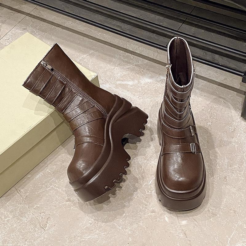 Fashion Women Punk Boots 9.5CM High Platform Outdoor Leather Shoes New Autumn Winter Metal Mid-calf Boots Hidden Heels Motorcycle Boots