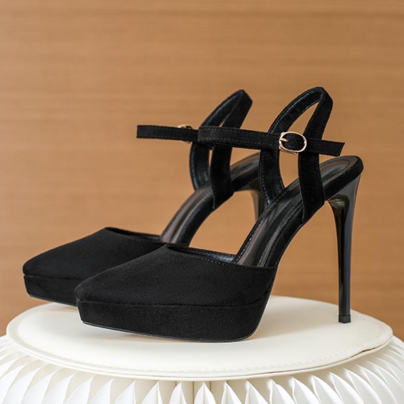 Fashion Suede Leather 12cm High Heels Thin Heel Pointed Toe Mid Hollow Slingbacks Shoes Womens Waterproof Platform Party Prom Shoes