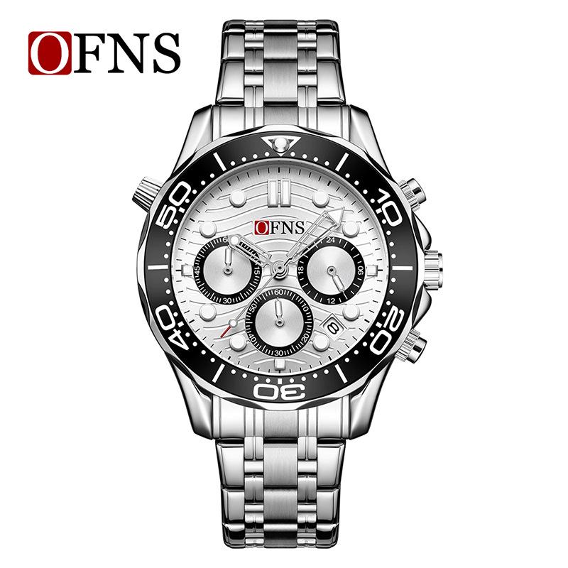 OFNS Men's Retro Waterproof Quartz Watch with Luminous Steel and Rubber Straps, Calendar, and Six-Hand Multi-Function Display.