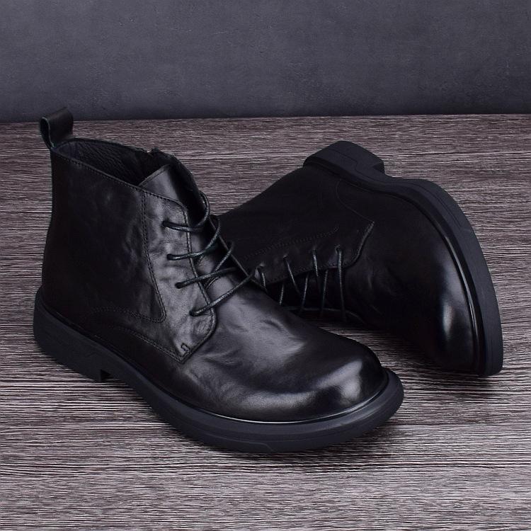 Autumn and Winter Velvet Martin Boots Men's Genuine Leather Cowhide High-top Casual Leather Boots Leather Shoes Non-slip and Wear-resistan Thin Velvet