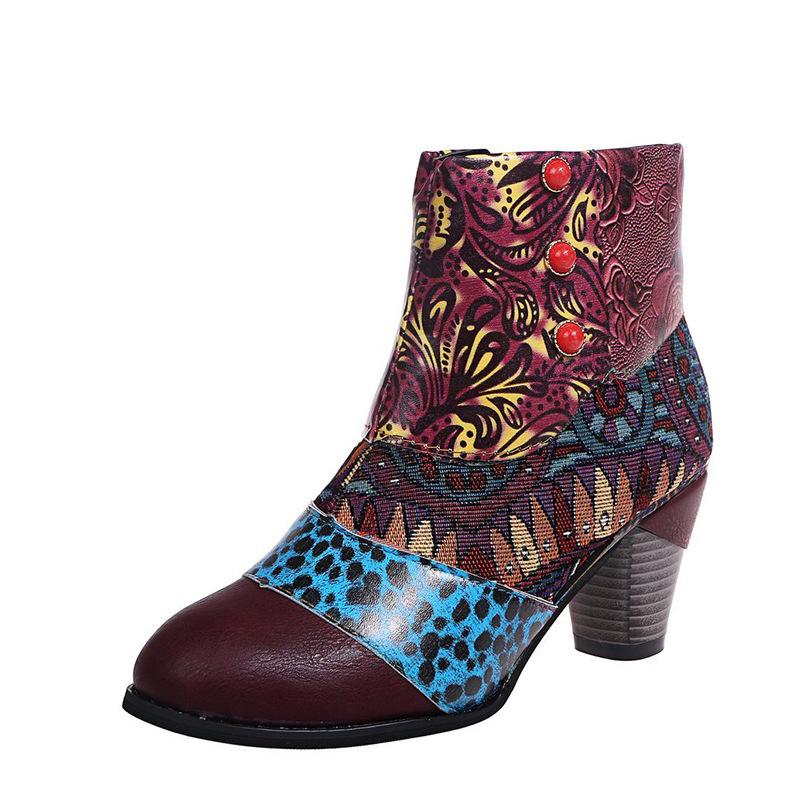 Fashion Vintage Leather Women Boots Bohemian New Female Retro Printed Buckle Soft Zipper Ankle Boots Women Botines Mujer Botas Feminino