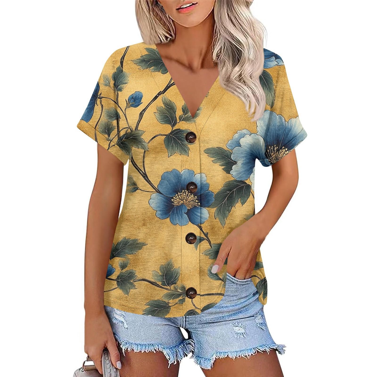 

Женская мода с короткими рукавами и V-образным вырезом, повседневная футболка с пуговицами L оранжевый