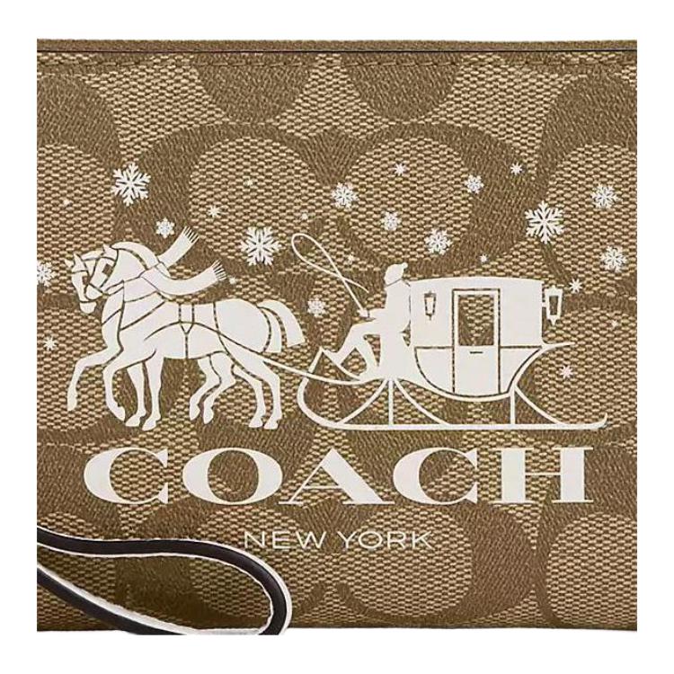 Coach Corner Zip Wristlet 16 Classic Monogram Print Coated Canvas And Smooth Leather Clutch Mini Women Clutch Gold Khaki Chalk CN755-IMDJ8