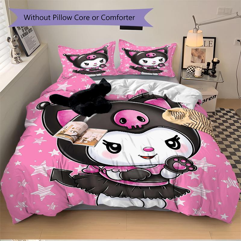 3pcs Pink Kuromi Printed Bedding Set, Soft and Comfortable Quilt Cover for Bedroom, Guest Room (1 Duvet Cover + 2 Pillowcases, Pillow Core N