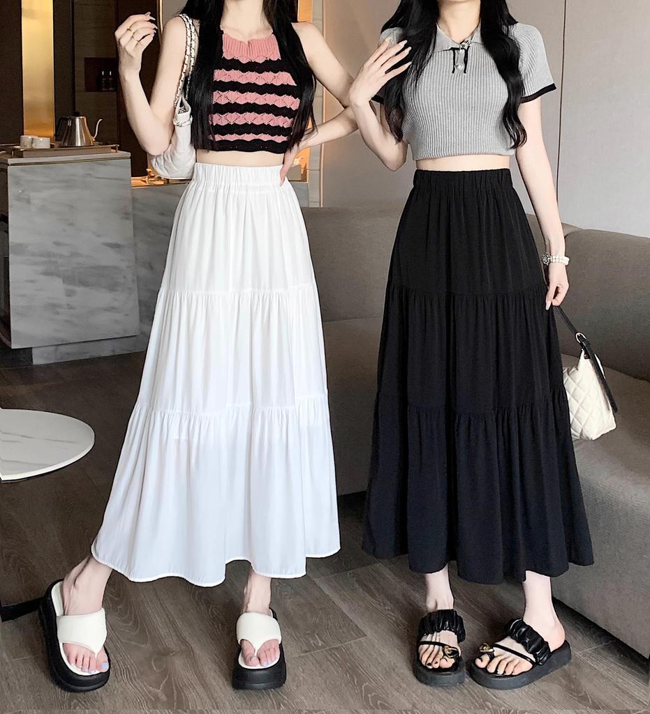 Black High-waisted A-line Mid Skirt Women's Spring Autumn Elegant White Long Pleated Skirts