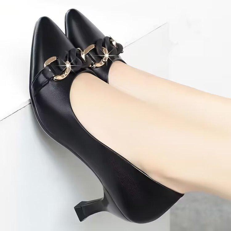 Temperament soft leather single shoes spring new high heels thick heel shallow mouth professional leather shoes