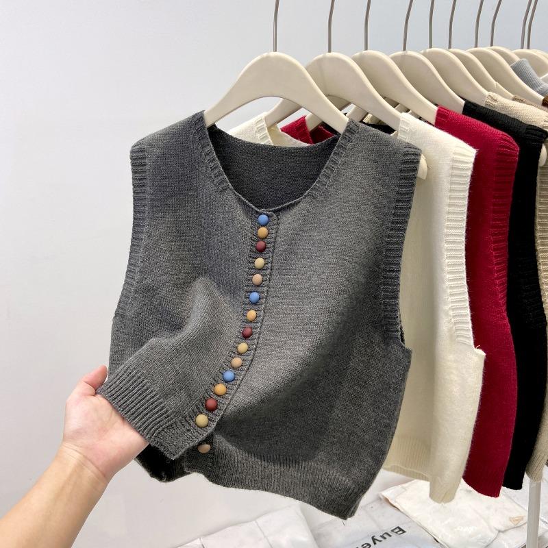 Fashion Elegant Loose Sleeveless Knitted Cardigan Sweater Vest Women 2025 Autumn Winter Casual Buttons Waistcoat Simple Solid Color Tops Clothing