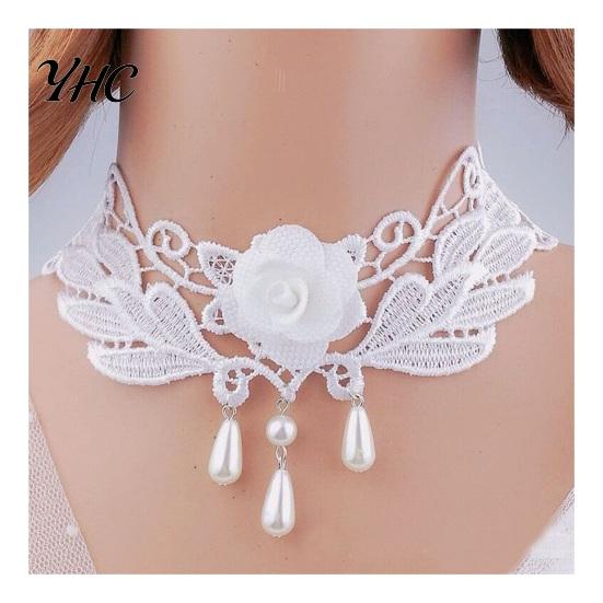 Performance Necklace Women Party Hollow Out Lace Faux Pearl Decor Tassel Halloween Jewelry Prom Cosplay Carnival Choker Wedding Neck E