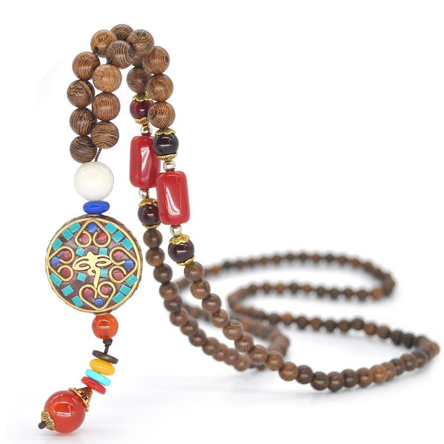 Collana con Ciondolo in Perle di Legno Nepalesi Stile Etnico per Donna