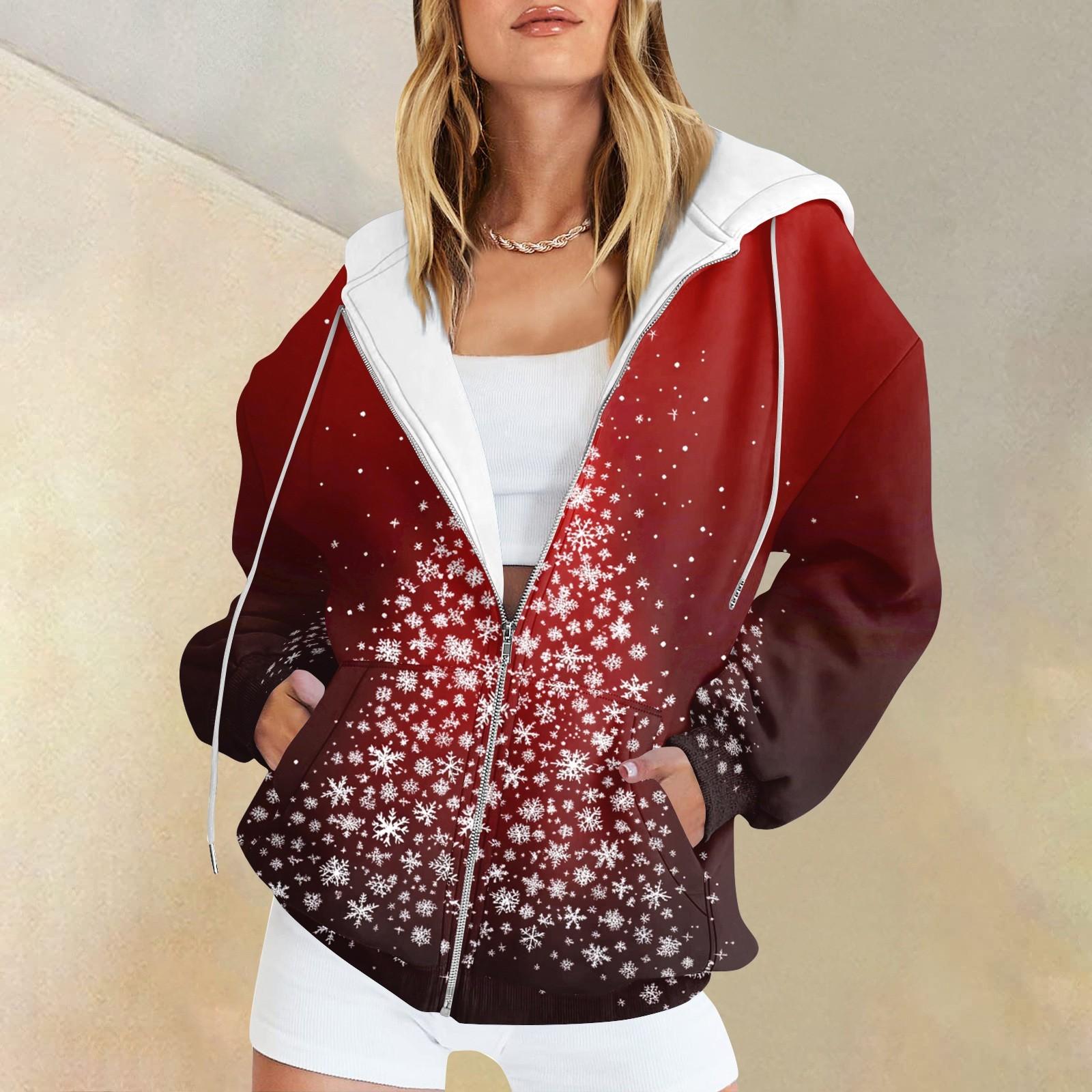 

Женская мода повседневная рождественская принтовая толстовка осень-зима с длинным рукавом кардиган куртка с карманом на молнии толстовка с капюшоном куртка M винный