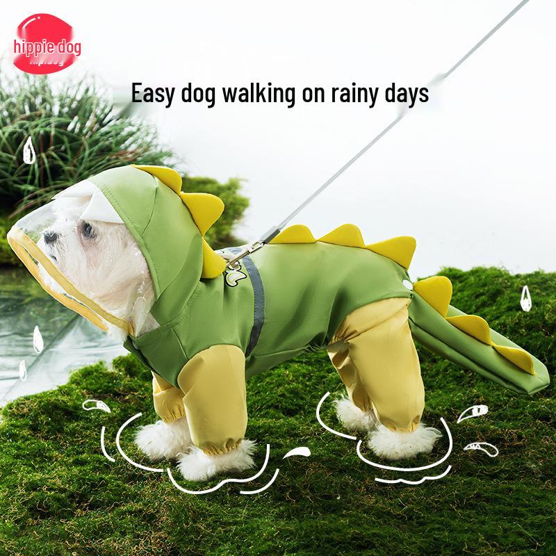 Four-Legged Dinosaur Dog Raincoat with 3D Tail – Waterproof for Medium & Large Breeds