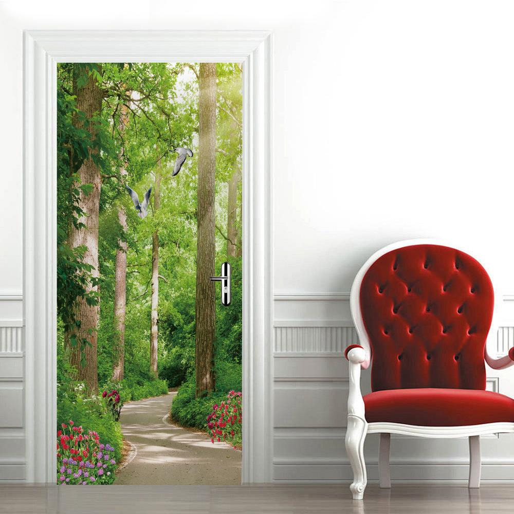 3D nálepka na dveře se vzorem lesa, Vodotěsná Samolepicí Odnímatelná nálepka na dveře, Dekorativní tapeta pro domov