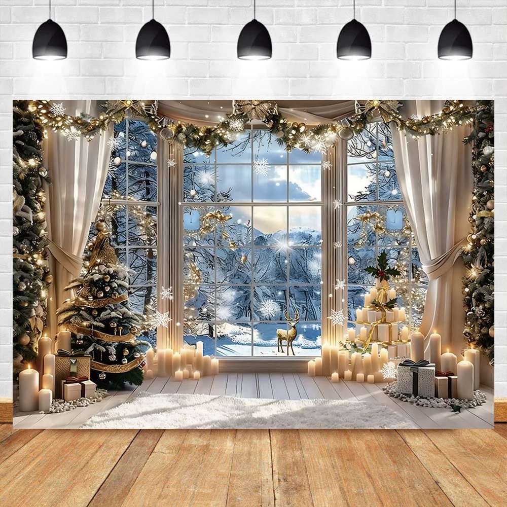 Christmas Elk Decoration 2025 Backgrounds For Photographs Window Curtains Christmas Tree Gift Box Family Party Portrait Backdrop