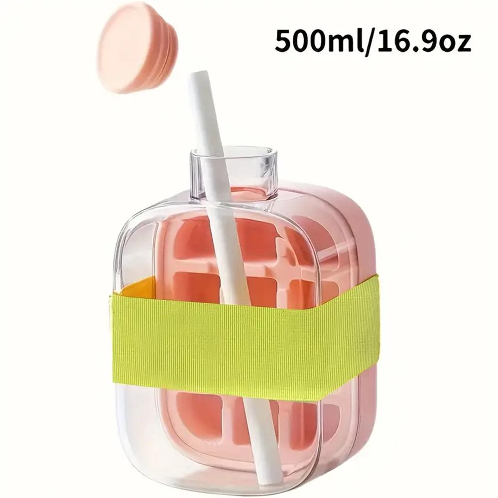 Ice Cube Bottle, 2 in 1 Press Ice Cube Mold Water Bottle with Lid and Bin, Ice Bottle Cup, Easy Press to Release Ice Cube Tray