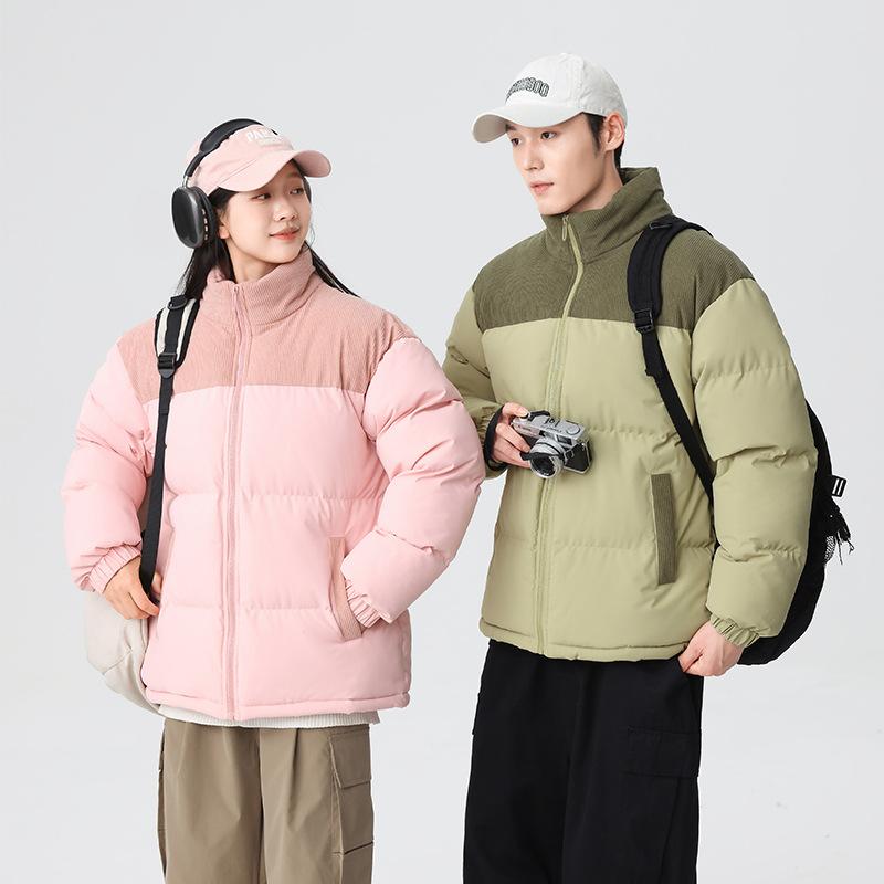 2025 couple cotton clothes American corduroy splicing stand-up collar loose warm cotton clothes casual trendy jacket